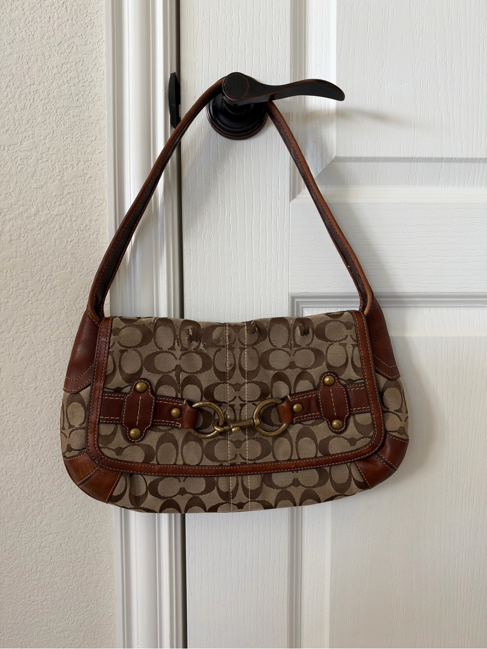 Coach Brown Signature Canvas Shoulder Bag with Leather Trim